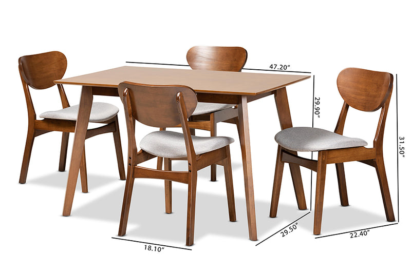 Floriane Mid-Century Modern Gray Fabric Upholstered and Walnut Brown Finished Wood 5-Piece Dining Set