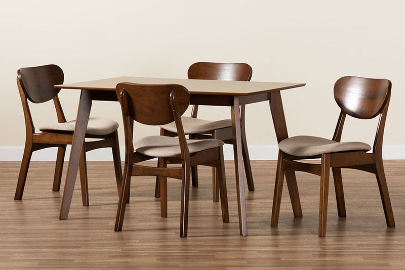 Floriane Sand Fabric Upholstered and Walnut Brown 5-Piece Dining Set Baxton