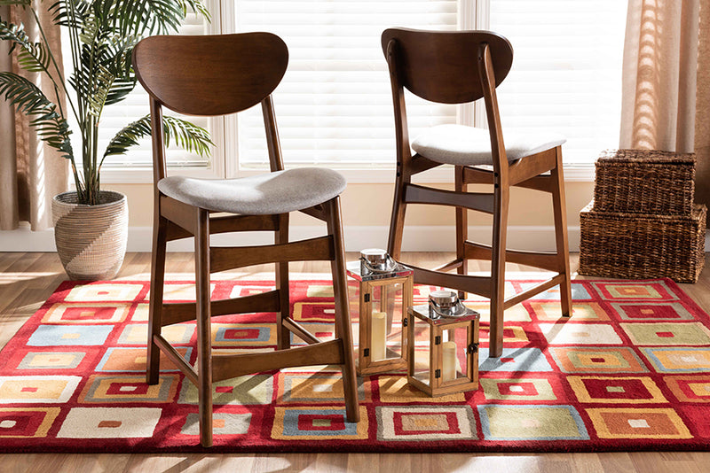 Floriane Mid-Century Modern Gray Fabric Upholstered and Walnut Brown Finished Wood 2-Piece Counter Stool Set