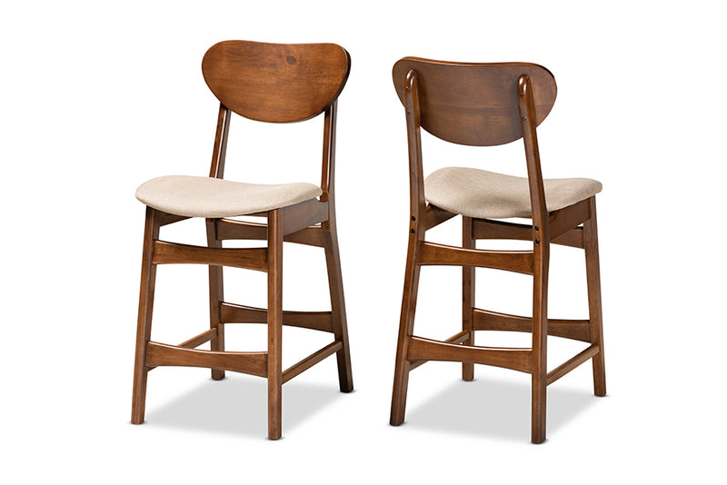 Floriane Mid-Century Modern Sand Fabric Upholstered and Walnut Brown Finished Wood 2-Piece Counter Stool Set