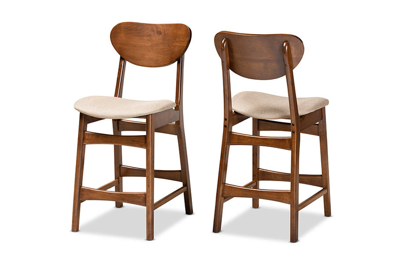 Floriane Sand Fabric Upholstered and Walnut Brown 2Pc Counter Stool Set Baxton