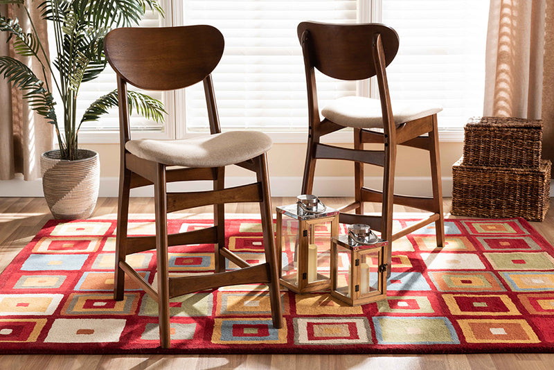 Floriane Mid-Century Modern Sand Fabric Upholstered and Walnut Brown Finished Wood 2-Piece Counter Stool Set