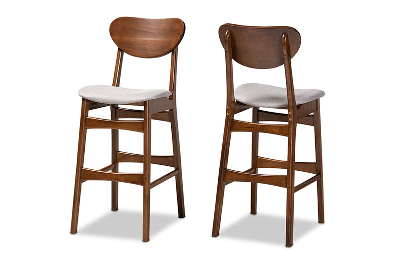 Floriane Mid-Century Modern Gray Fabric Upholstered and Walnut Brown Finished Wood 2-Piece Bar Stool Set