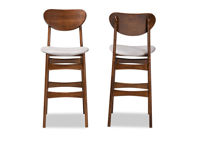 Floriane Mid-Century Modern Gray Fabric Upholstered and Walnut Brown Finished Wood 2-Piece Bar Stool Set