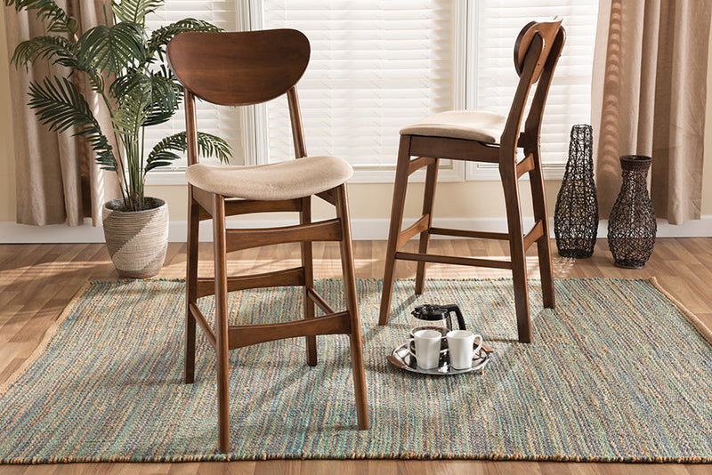Floriane Sand Fabric Walnut Brown 2Pc Bar Stool Set Baxton