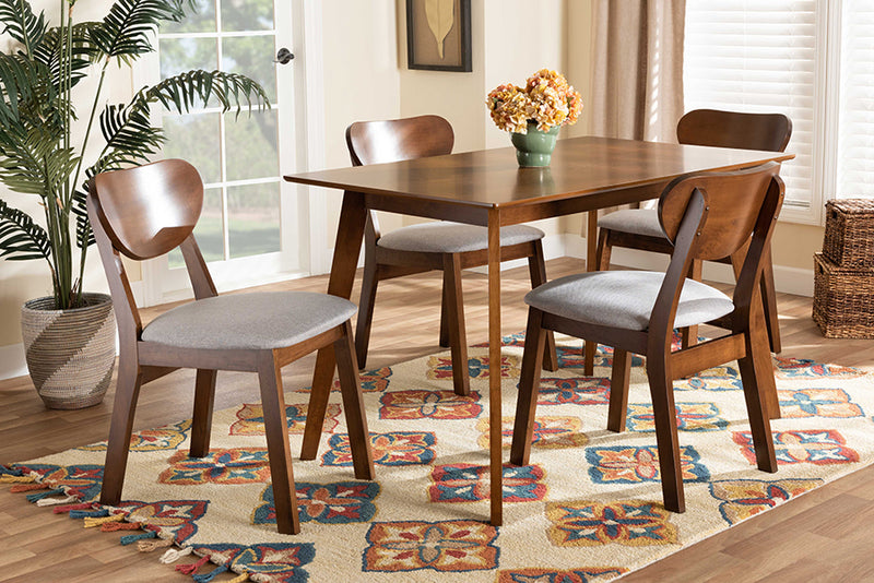 Salvatore Mid-Century Modern Gray Fabric Upholstered and Walnut Brown Finished Wood 5-Piece Dining Set