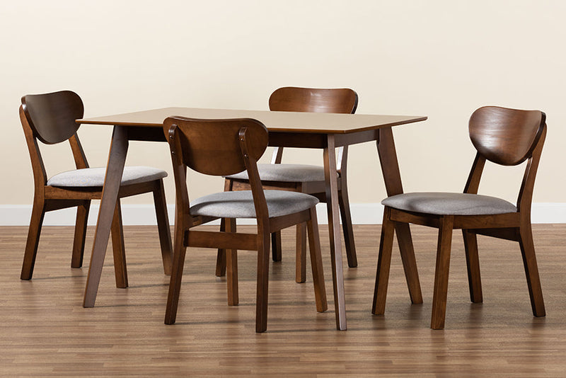Salvatore Gray Fabric Upholstered and Walnut Brown 5-Piece Dining Set Baxton