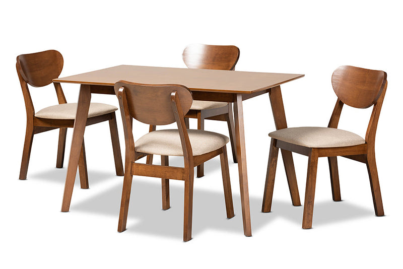Salvatore Sand Fabric Upholstered and Walnut Brown 5-Piece Dining Set Baxton