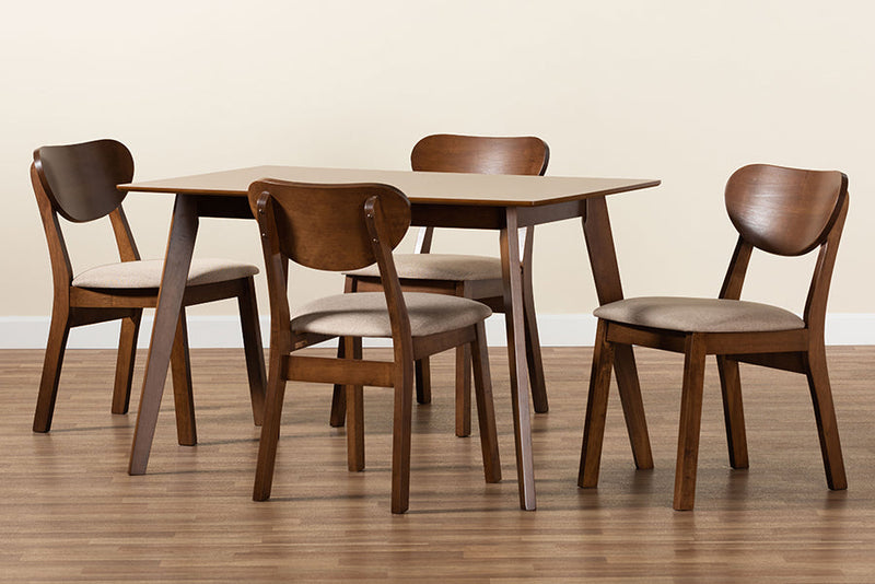 Salvatore Sand Fabric Upholstered and Walnut Brown 5-Piece Dining Set Baxton
