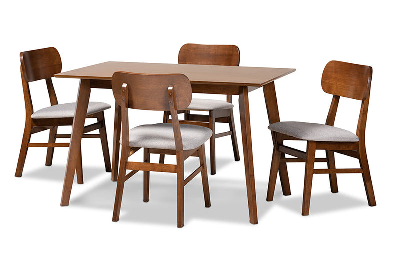 Darkovy Gray Fabric Upholstered and Walnut Brown 5-Piece Dining Set Baxton