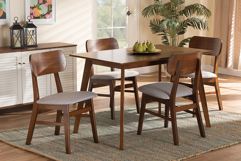 Darkovy Mid-Century Modern Gray Fabric Upholstered and Walnut Brown Finished Wood 5-Piece Dining Set