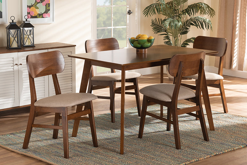 Darkovy Mid-Century Modern Sand Fabric Upholstered and Walnut Brown Finished Wood 5-Piece Dining Set