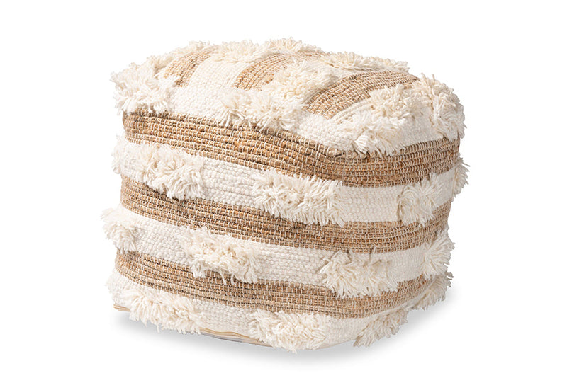 Lamont Moroccan Inspired Natural and Ivory Handwoven Wool Blend Pouf Ottoman Baxton