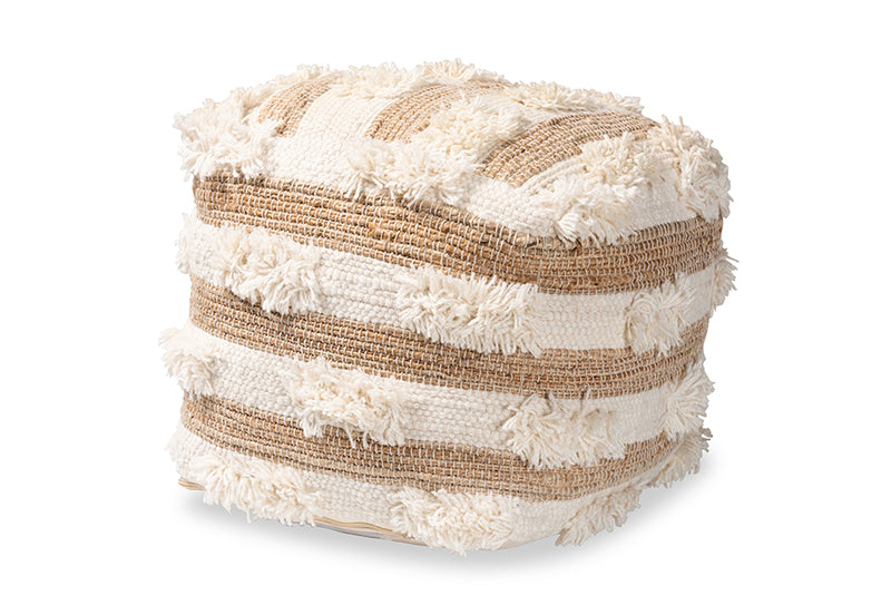 Lamont Modern and Contemporary Moroccan Inspired Natural and Ivory Handwoven Wool Blend Pouf Ottoman