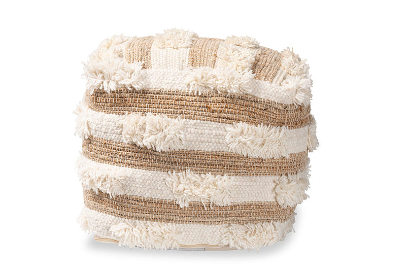 Lamont Moroccan Inspired Natural and Ivory Handwoven Wool Blend Pouf Ottoman Baxton