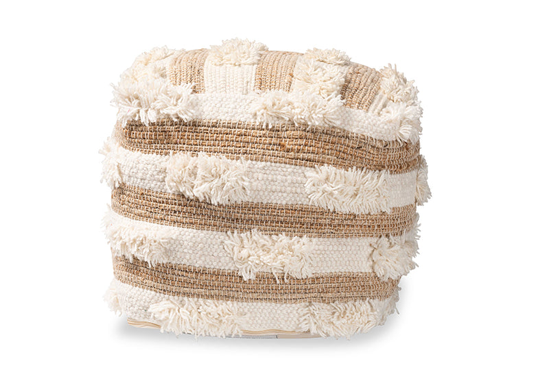 Lamont Modern and Contemporary Moroccan Inspired Natural and Ivory Handwoven Wool Blend Pouf Ottoman