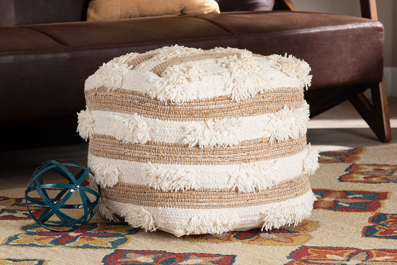 Lamont Modern and Contemporary Moroccan Inspired Natural and Ivory Handwoven Wool Blend Pouf Ottoman