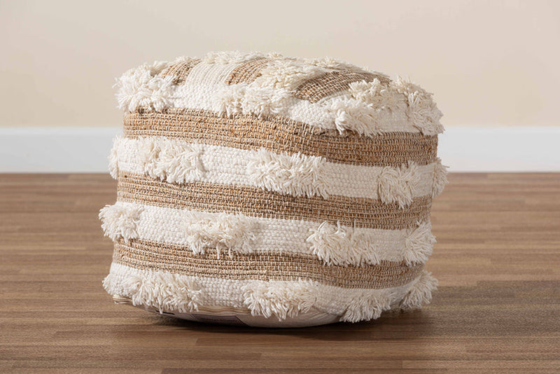 Lamont Moroccan Inspired Natural and Ivory Handwoven Wool Blend Pouf Ottoman Baxton