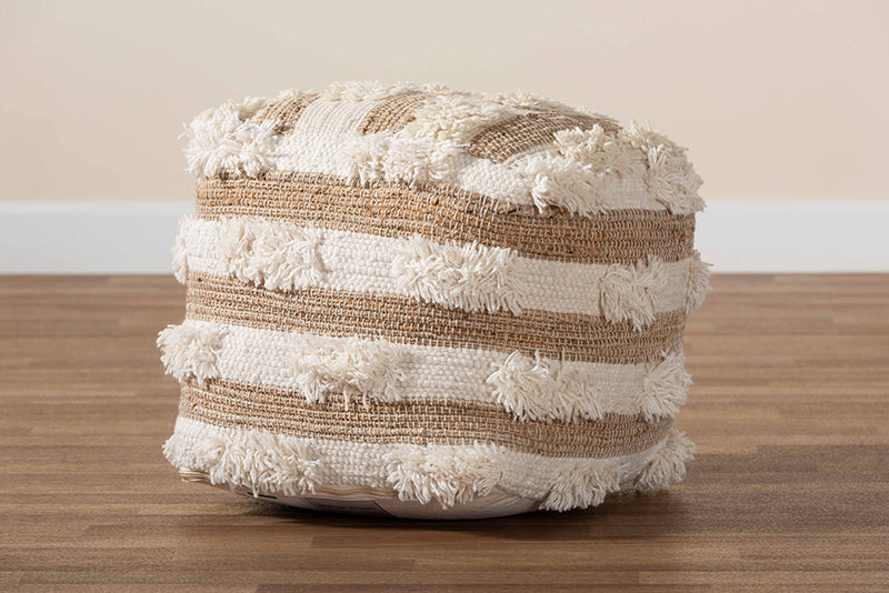 Lamont Modern and Contemporary Moroccan Inspired Natural and Ivory Handwoven Wool Blend Pouf Ottoman