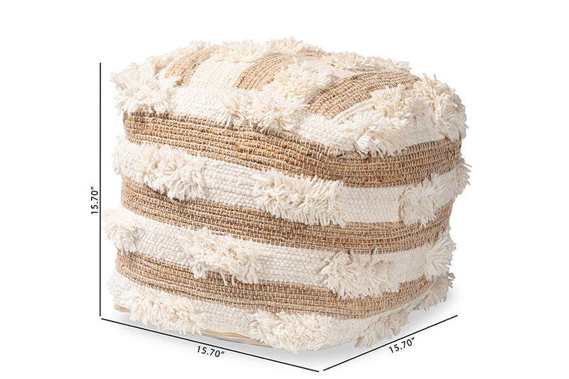 Lamont Moroccan Inspired Natural and Ivory Handwoven Wool Blend Pouf Ottoman Baxton