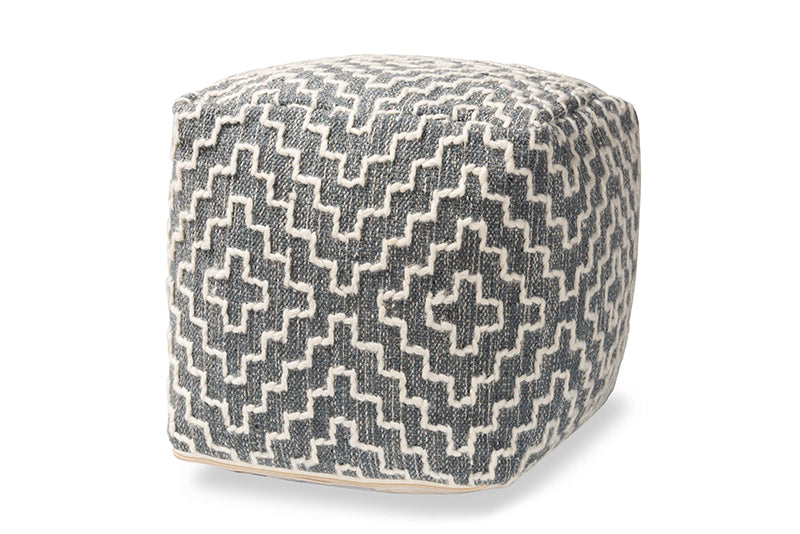 Lumac Modern and Contemporary Bohemian Gray and Ivory Handwoven Cotton Blend Pouf Ottoman