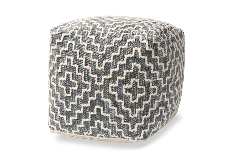 Lumac Bohemian Gray and Ivory Handwoven Cotton Blend Pouf Ottoman Baxton