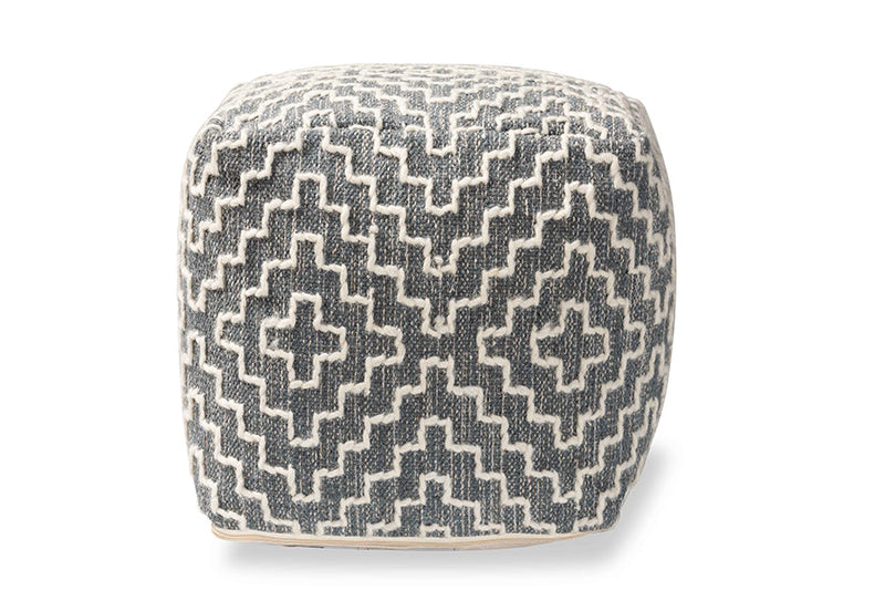 Lumac Bohemian Gray and Ivory Handwoven Cotton Blend Pouf Ottoman Baxton