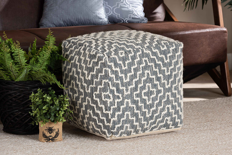 Lumac Bohemian Gray and Ivory Handwoven Cotton Blend Pouf Ottoman Baxton