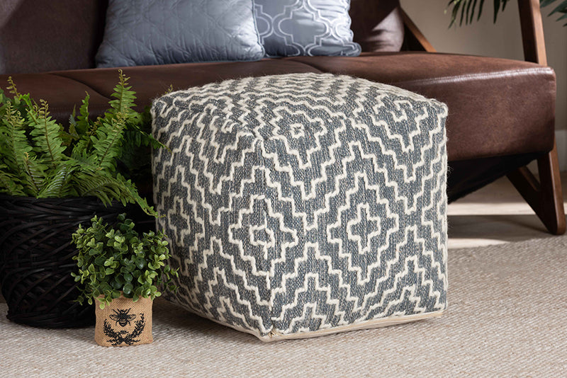 Lumac Modern and Contemporary Bohemian Gray and Ivory Handwoven Cotton Blend Pouf Ottoman