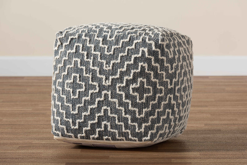 Lumac Modern and Contemporary Bohemian Gray and Ivory Handwoven Cotton Blend Pouf Ottoman