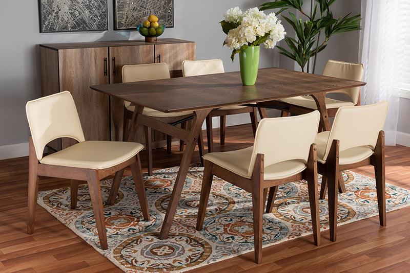 Orella Mid-Century Modern Beige Faux Leather Upholstered and Walnut Brown Finished Wood 7-Piece Dining Set