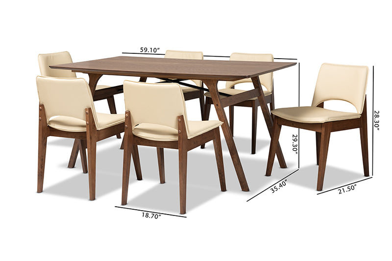 Orella Mid-Century Modern Beige Faux Leather Upholstered and Walnut Brown Finished Wood 7-Piece Dining Set