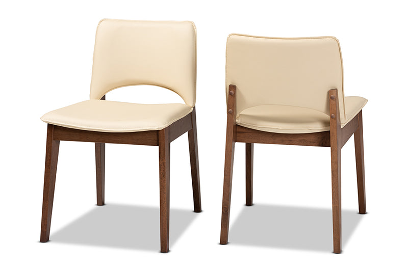 Orella Mid-Century Modern Beige Faux Leather Upholstered and Walnut Brown Finished Wood 2-Piece Dining Chair Set