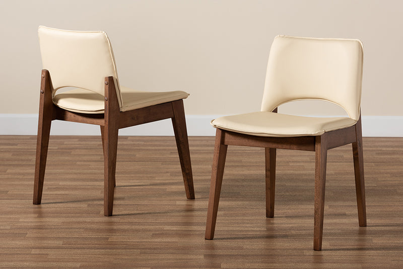 Orella Mid-Century Modern Beige Faux Leather Upholstered and Walnut Brown Finished Wood 2-Piece Dining Chair Set