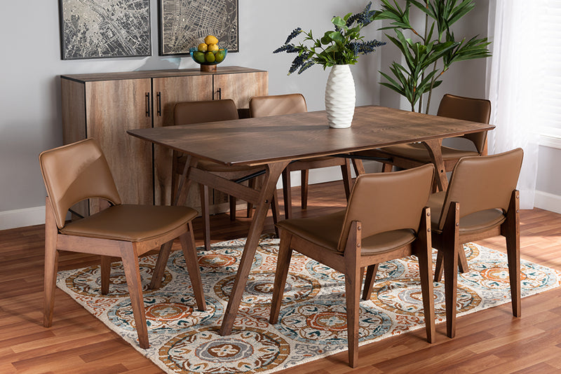 Orella Mid-Century Modern Brown Faux Leather Upholstered and Walnut Brown Finished Wood 7-Piece Dining Set