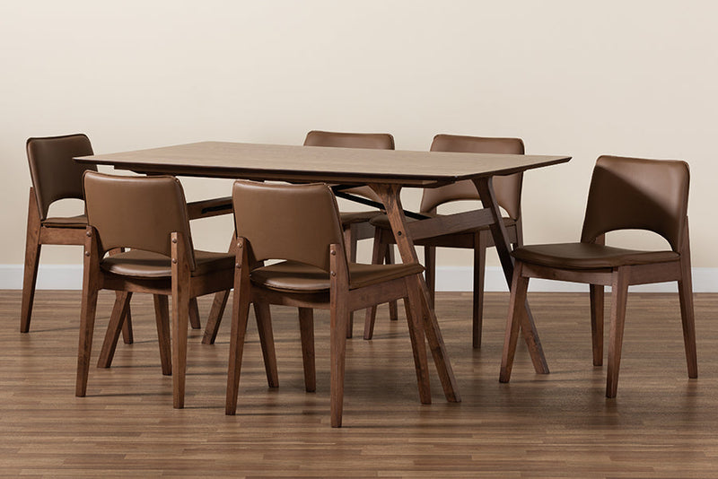 Orella Brown Faux Leather Upholstered and Walnut Brown 7-Piece Dining Set Baxton