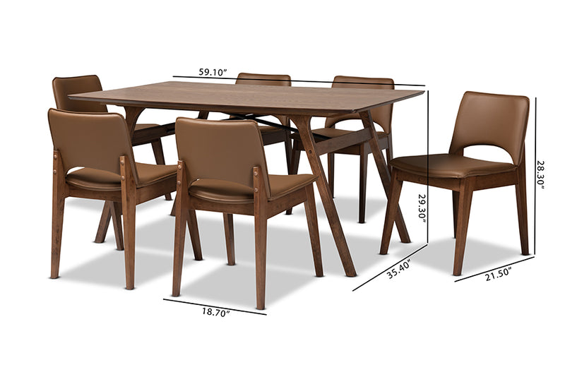 Orella Mid-Century Modern Brown Faux Leather Upholstered and Walnut Brown Finished Wood 7-Piece Dining Set