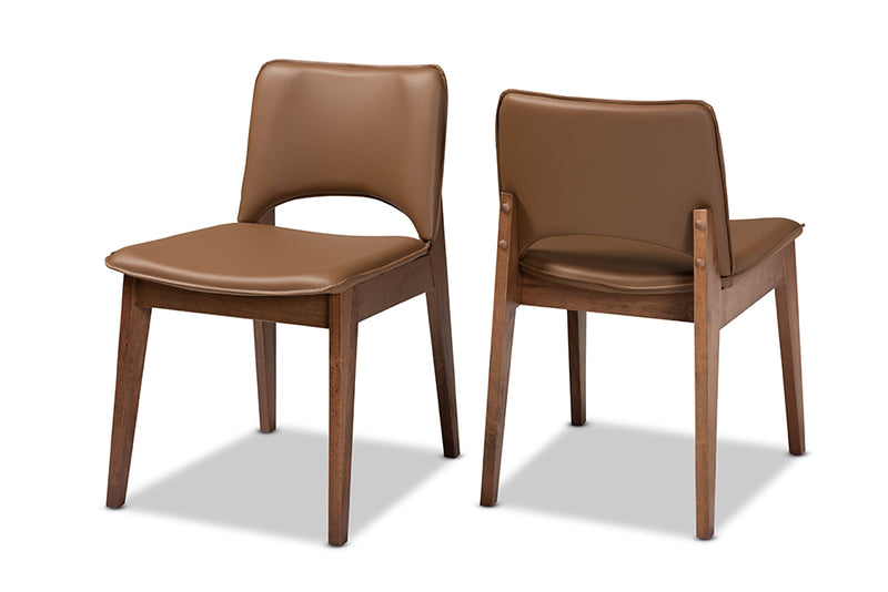 Orella Mid-Century Modern Brown Faux Leather Upholstered and Walnut Brown Finished Wood 2-Piece Dining Chair Set