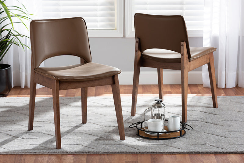 Orella Mid-Century Modern Brown Faux Leather Upholstered and Walnut Brown Finished Wood 2-Piece Dining Chair Set