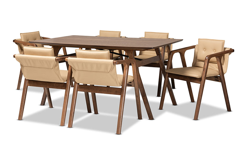 Alayna Mid-Century Modern Beige Imitation Leather Upholstered and Walnut Brown Finished Wood 7-Piece Dining Set