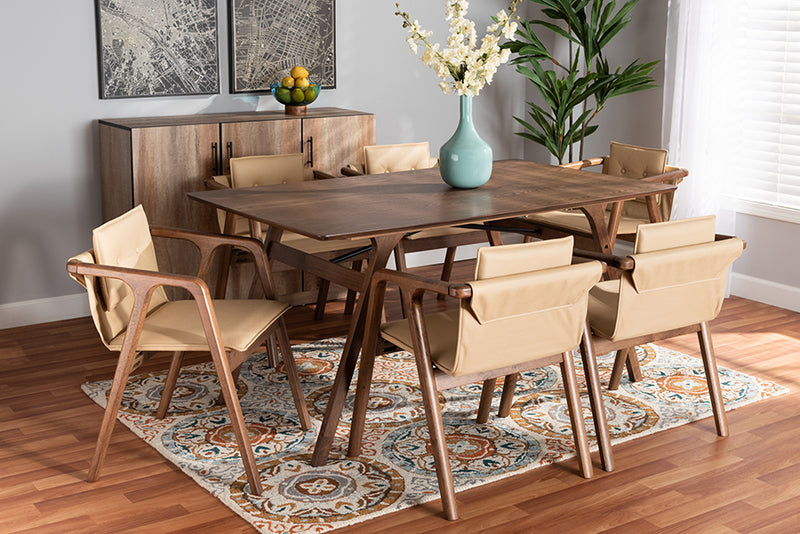 Alayna Mid-Century Modern Beige Imitation Leather Upholstered and Walnut Brown Finished Wood 7-Piece Dining Set