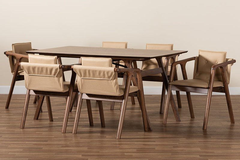 Alayna Beige Imitation Leather Upholstered and Walnut Brown 7-Piece Dining Set Baxton