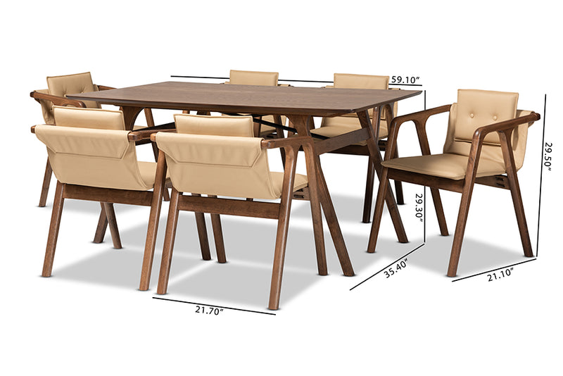 Alayna Mid-Century Modern Beige Imitation Leather Upholstered and Walnut Brown Finished Wood 7-Piece Dining Set