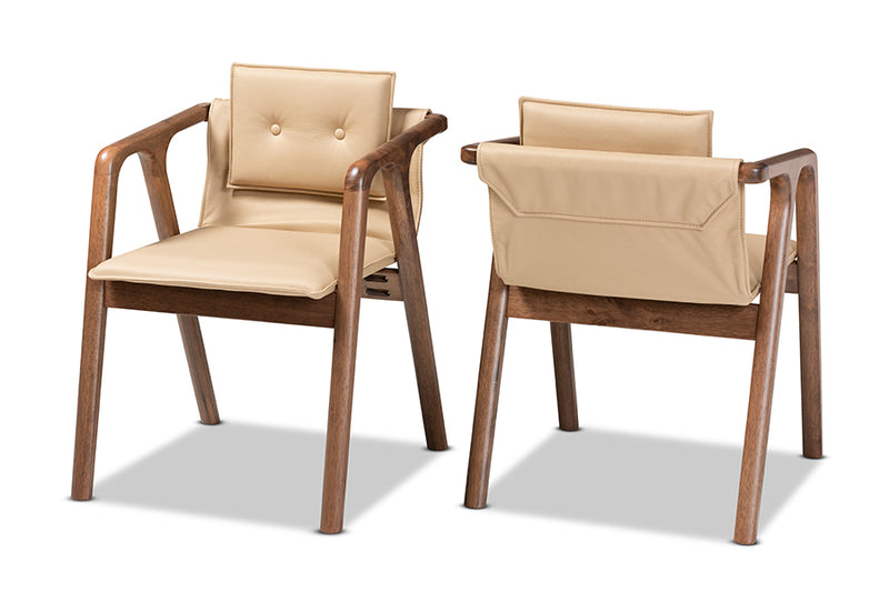 Alayna Mid-Century Modern Beige Imitation Leather Upholstered and Walnut Brown Finished Wood 2-Piece Dining Chair Set