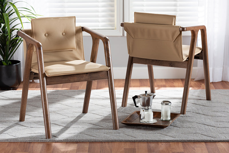 Alayna Mid-Century Modern Beige Imitation Leather Upholstered and Walnut Brown Finished Wood 2-Piece Dining Chair Set