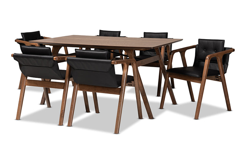 Alayna Mid-Century Modern Black Imitation Leather Upholstered and Walnut Brown Finished Wood 7-Piece Dining Set