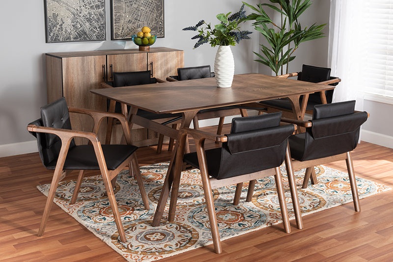 Alayna Mid-Century Modern Black Imitation Leather Upholstered and Walnut Brown Finished Wood 7-Piece Dining Set