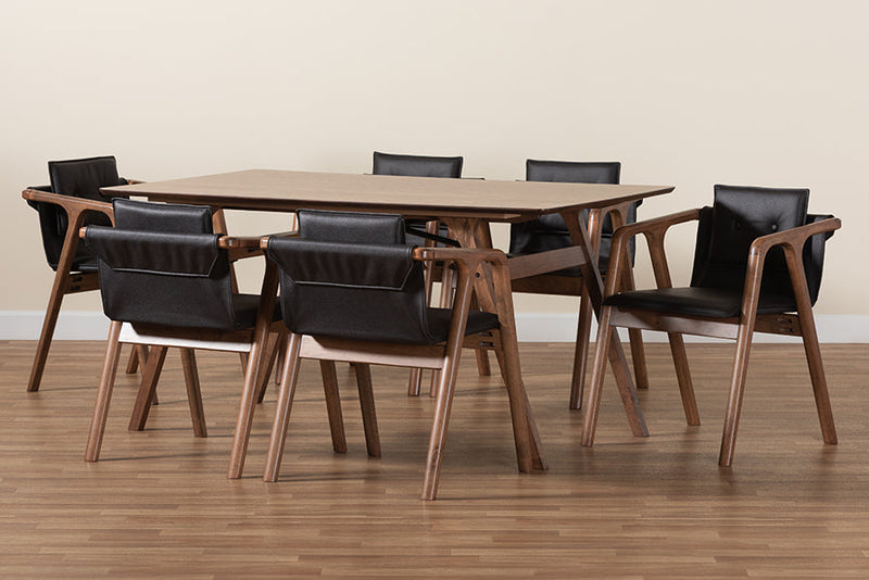 Alayna Black Imitation Leather Upholstered and Walnut Brown 7-Piece Dining Set Baxton