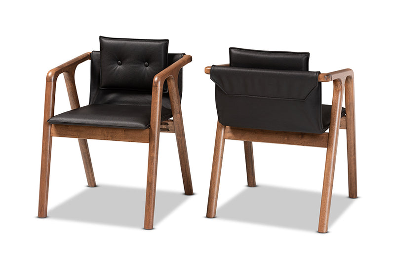 Alayna Mid-Century Modern Black Imitation Leather Upholstered and Walnut Brown Finished Wood 2-Piece Dining Chair Set