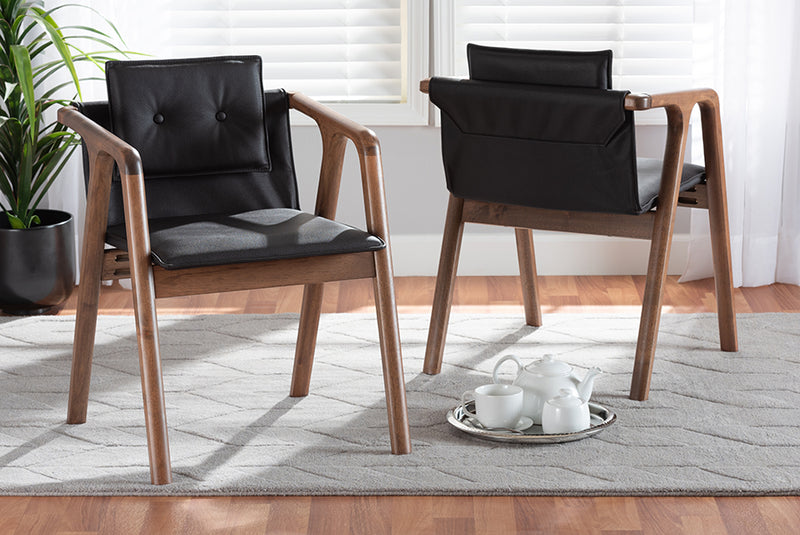 Alayna Mid-Century Modern Black Imitation Leather Upholstered and Walnut Brown Finished Wood 2-Piece Dining Chair Set